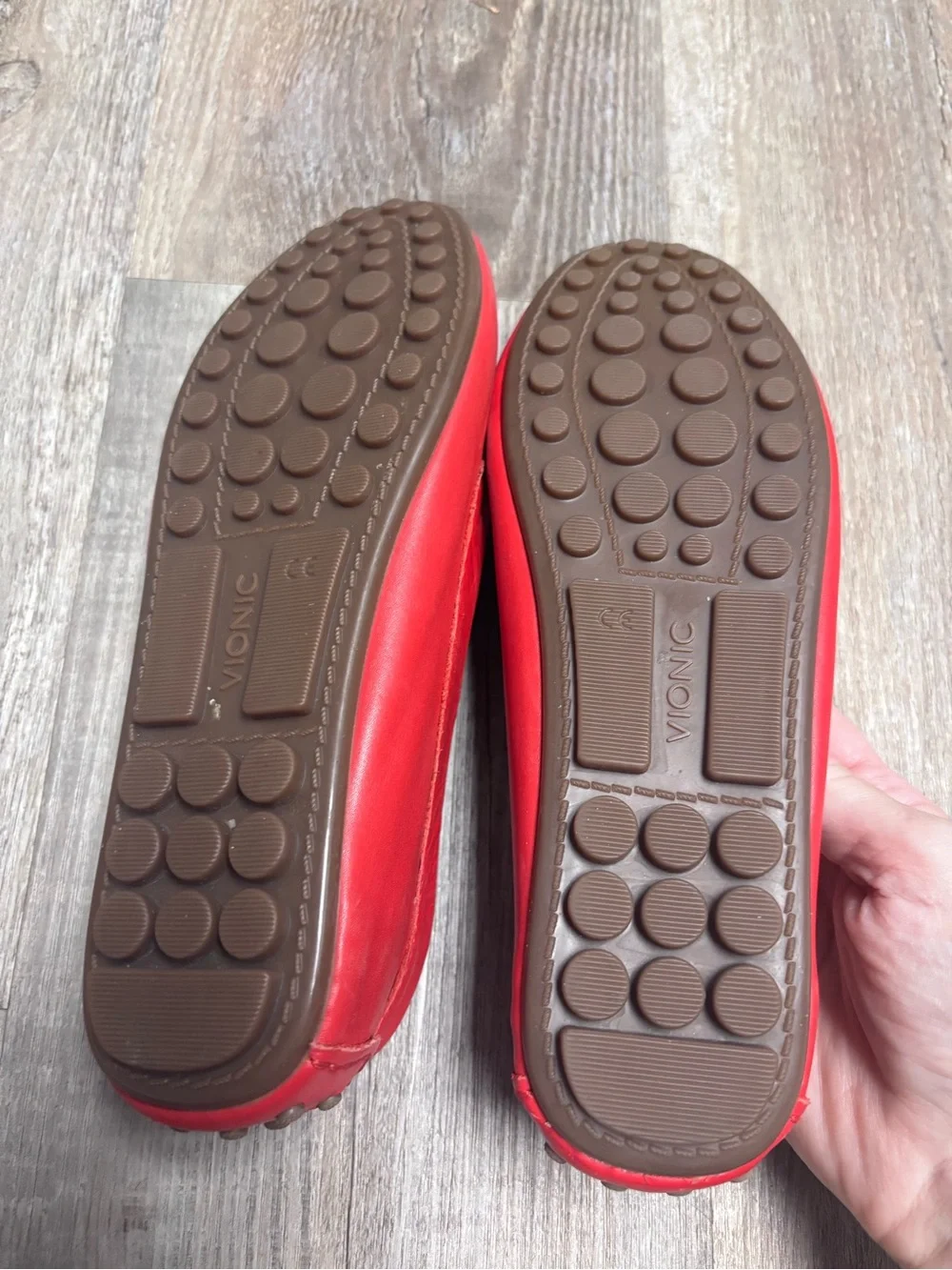 Vionic Ashby Red Leather Driving Loafers with Gold Bar Accent